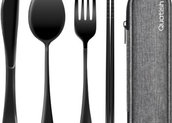 Travel Utensils with Case, Quatish Portable Silverware Set for Work, Stainless Steel Reusable Travel Cutlery Set, Fork and Spoon Set for Camping, Picnic, Gadgets, Lunch Box for Men, Black