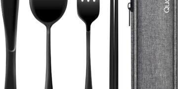 Travel Utensils with Case, Quatish Portable Silverware Set for Work, Stainless Steel Reusable Travel Cutlery Set, Fork and Spoon Set for Camping, Picnic, Gadgets, Lunch Box for Men, Black