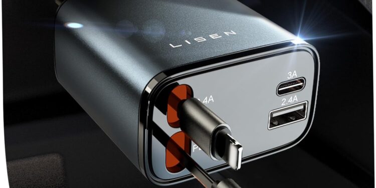 LISEN Retractable Car Charger 4 in 1 [69W USB C Car Adapter] for iPhone 16 Car Charger Fast Charging, Valentines Gifts for Women Men, Car Accessories USBC Car Charger for iPhone 16 15 14 13 12, Gray