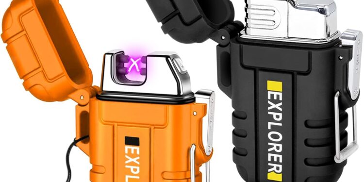 2 Pack Waterproof Lighter for Outdoor, Windproof Torch Lighter, Dual Arc Butane Electric Lighter, USB Rechargeable, Flameless Plasma Lighter for Camping Hiking Adventure Survival Tactical Gear