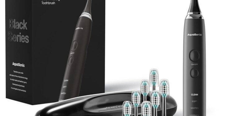 Aquasonic Black Series Ultra Whitening Toothbrush – ADA Accepted Electric Toothbrush- 8 Brush Heads & Travel Case – 40,000 VPM Electric Motor & Wireless Charging – 4 Modes w Smart Timer