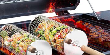 Nesting Grill Baskets (2PCS), Removable Wooden Handle, 304 Stainless Steel, Rolling Grilling Net, BBQ Accessories Tools for Vegetables Shrimp, Outdoor Cooking Camping, Gifts for Men Dad Husband