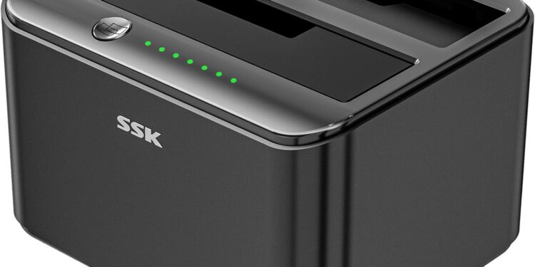 SSK Aluminum Hard Drive Docking Station, USB 3.0 to SATA Dual Bay External HDD Dock Caddy Reader for 2.5 & 3.5 inch SATA HDD SSD, with UASP Offline Cloner/Duplicator Function (2x20TB Supports) Black