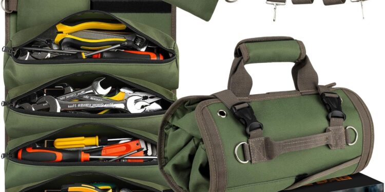 Tool Bag Roll Up, UUP Heavy Duty Rolled Empty Tool Storage Organization, Portable Foldable Rollup Organizer with 2 Small Pouches, Rollable Carrying Toolbag, Dad Men Mechanic Birthday Gifts, Army Green