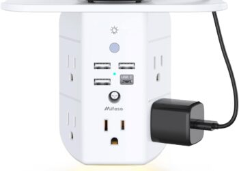 Wall Outlet Extender with Shelf and Night Light,Surge Protector,USB Wall Charger with 5 AC Outlets and 3 USB Ports 1 USB C Outlet Wide Space 3-Sided Power Strip Multi Plug Outlets…