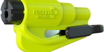 resqme The Original Emergency Keychain Car Escape Tool, 2-in-1 Seatbelt Cutter and Window Breaker, Made in USA, Yellow – Compact Emergency Hammer
