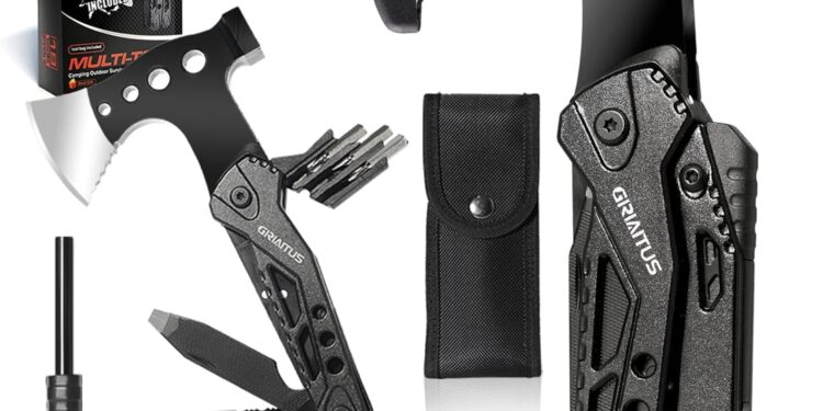 Camping Multitool Accessories Gifts for Men Dad 16 in 1 Upgraded Multi Tool Survival Gear with Axe Hammer Pliers Saw Screwdrivers Bottle Opener Whistle & Portable Sheath For Hiking,Fishing