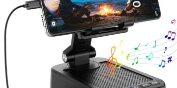 Gifts for Men Women, Phone Stand with Bluetooth Speaker and Charging Function 360° Rotable Angel Adjustable Cell Phone Holder with HD Stereo Sound Fits All Phones,Tablet (Black)