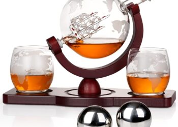PONPUR Gifts for Men Dad Christmas, Whiskey Decanter Globe Set with 2 Ball Stones & 2 Glasses, Anniversary Birthday Gifts for Him Husband Boyfriend Brother, Cool Stuff Gift for Bourbon Scotch