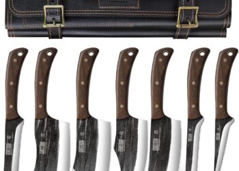 Butcher Knife Set, Hand Forged Butcher Chef Knife Set with Roll Bag, Sharp Meat Cleaver Knife & Bone Chopper Knives & Fillet Knives for Home & Camping & BBQ Gift for Men