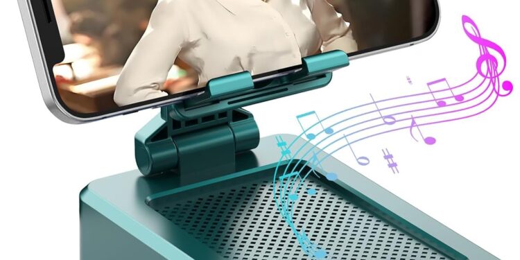 JTEMAN Cell Phone Stand with Wireless Bluetooth Speakers,Angle Adjustable Strong Pedestal Phone Stand for Desk,HD Sound and Bass Bluetooth Speaker Compatible with All Mobile Phones(Green)