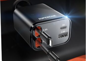 Retractable Car Charger, SUPERONE 69W Car Phone Charger with Cables Fast Charging, USB C Car Charger Adapter for iPhone 16 15 14 13 12, Samsung, Black