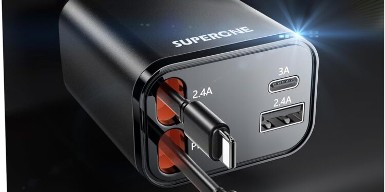 Retractable Car Charger, SUPERONE 69W Car Phone Charger with Cables Fast Charging, USB C Car Charger Adapter for iPhone 16 15 14 13 12, Samsung, Black