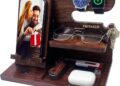 Gifts for Men Women Brother Boss Boyfriend Him Nightstand Organizer Gifts for Dad from Daughter Son Wood Phone Docking Station (Dark Brown)