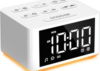 【3 in 1】 Small Sound Machine Alarm Clock Night Light White Noise Machine 27 Sleeping Sounds for Adults Kids Precise 32 Level Volume Sleep Timer Memory Function Digital Clock with 30 Wake Up Sounds