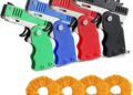 Kids Toys Cool Keychain Rubber Band Launcher Toy 4pcs Mini Metal Folding Rubber Launcher Toy with 240 Elastic Rubber Bands for Game Outdoor Activities (4 Colors)