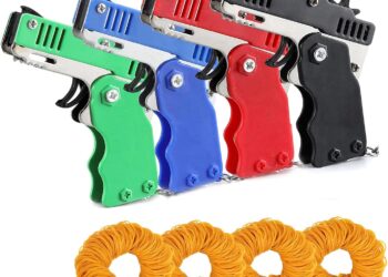 Kids Toys Cool Keychain Rubber Band Launcher Toy 4pcs Mini Metal Folding Rubber Launcher Toy with 240 Elastic Rubber Bands for Game Outdoor Activities (4 Colors)