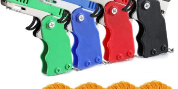 Kids Toys Cool Keychain Rubber Band Launcher Toy 4pcs Mini Metal Folding Rubber Launcher Toy with 240 Elastic Rubber Bands for Game Outdoor Activities (4 Colors)